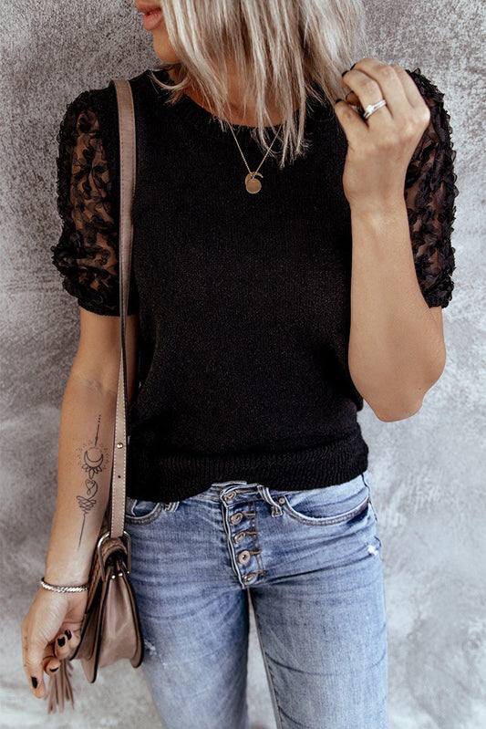 Black Sheer Sleeve Knit T-shirt