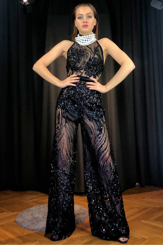 Black Sequin Party Jumpsuit