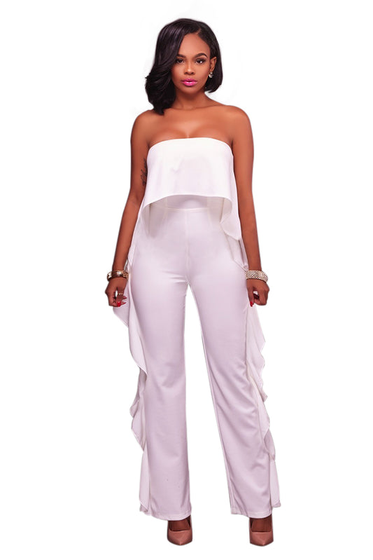 White Delicate Ruffle Trim Strapless Jumpsuit