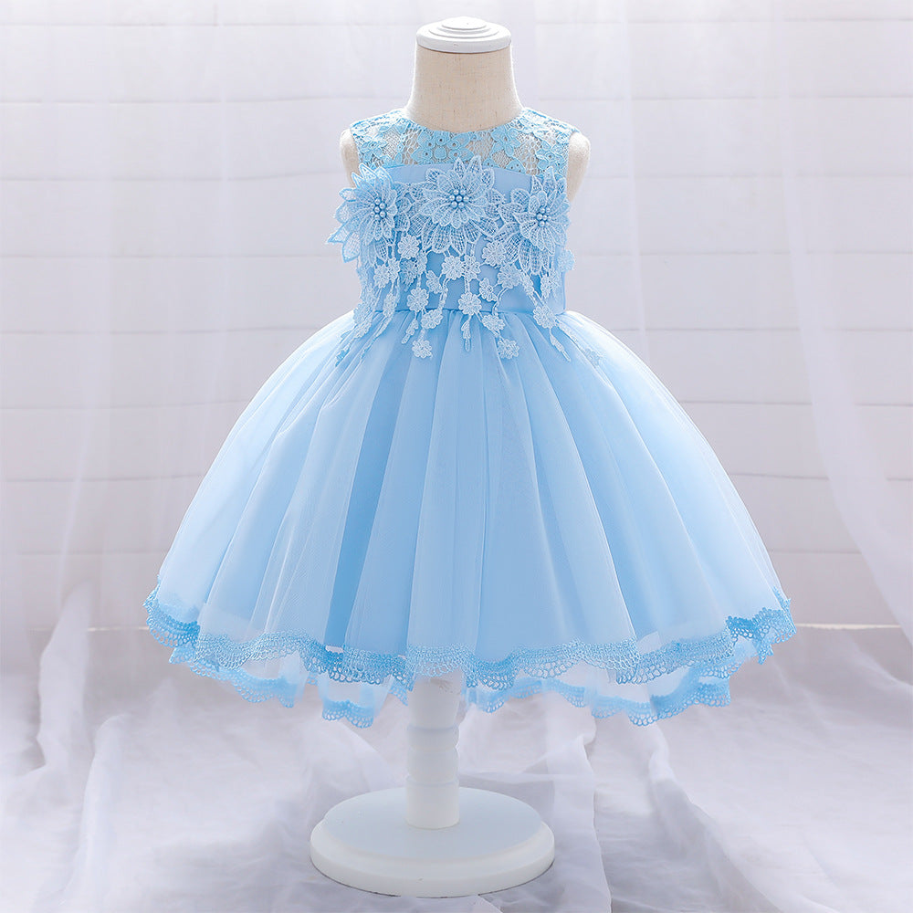 Flower girl dress lace flower pearl one-year-old dress