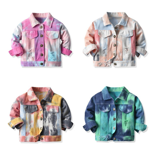 Colorful tie-dye ripped denim jacket