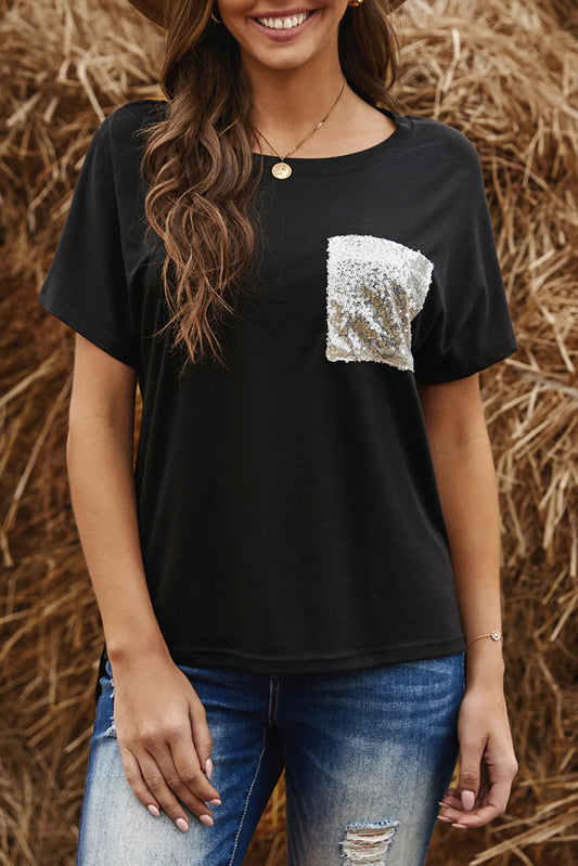 Sequin Pocket Black Short Sleeve T-shirt