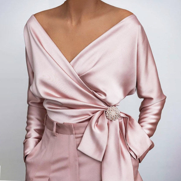 Fashion Solid Color Polyester V Neck Pullovers Long Sleeve Regular Sleeve Splicing Shirt