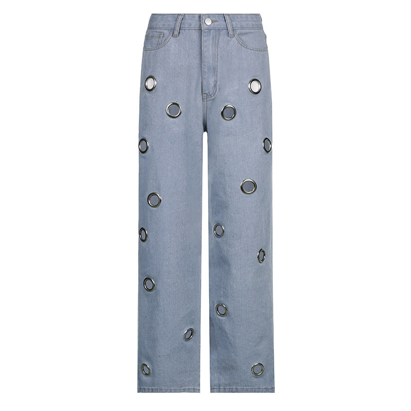 High waist straight hollow metal ring jeans