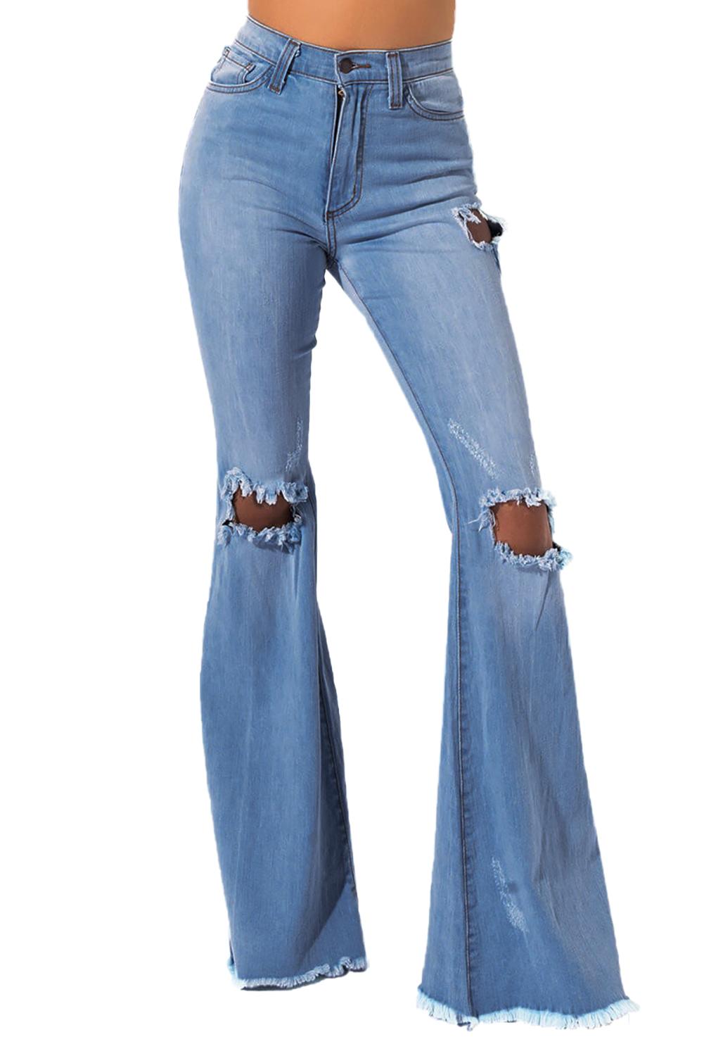 Sky Blue High Waisted Distressed Flare Jeans