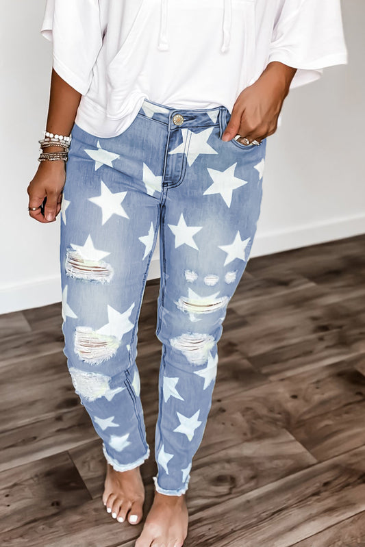 Ripped Star Print Mid Waist Jeans