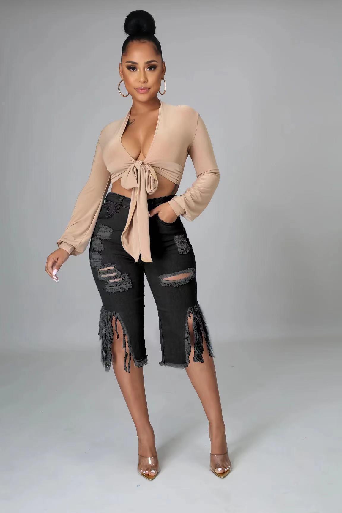 high waist fringed hole stretch capri jeans