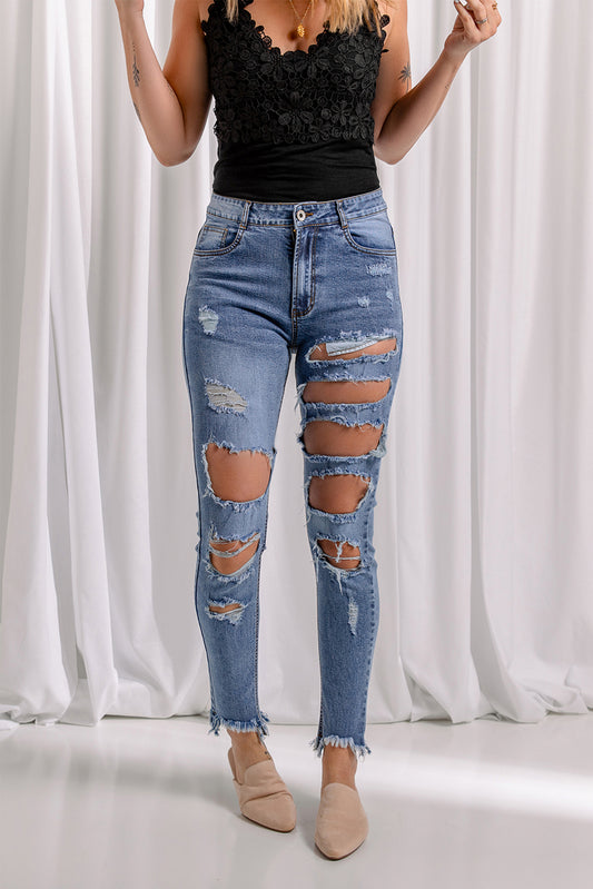 Blue Distressed Frayed Jeans