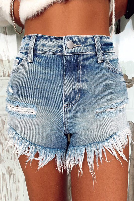Frayed Tasseled High Waist Denim Shorts