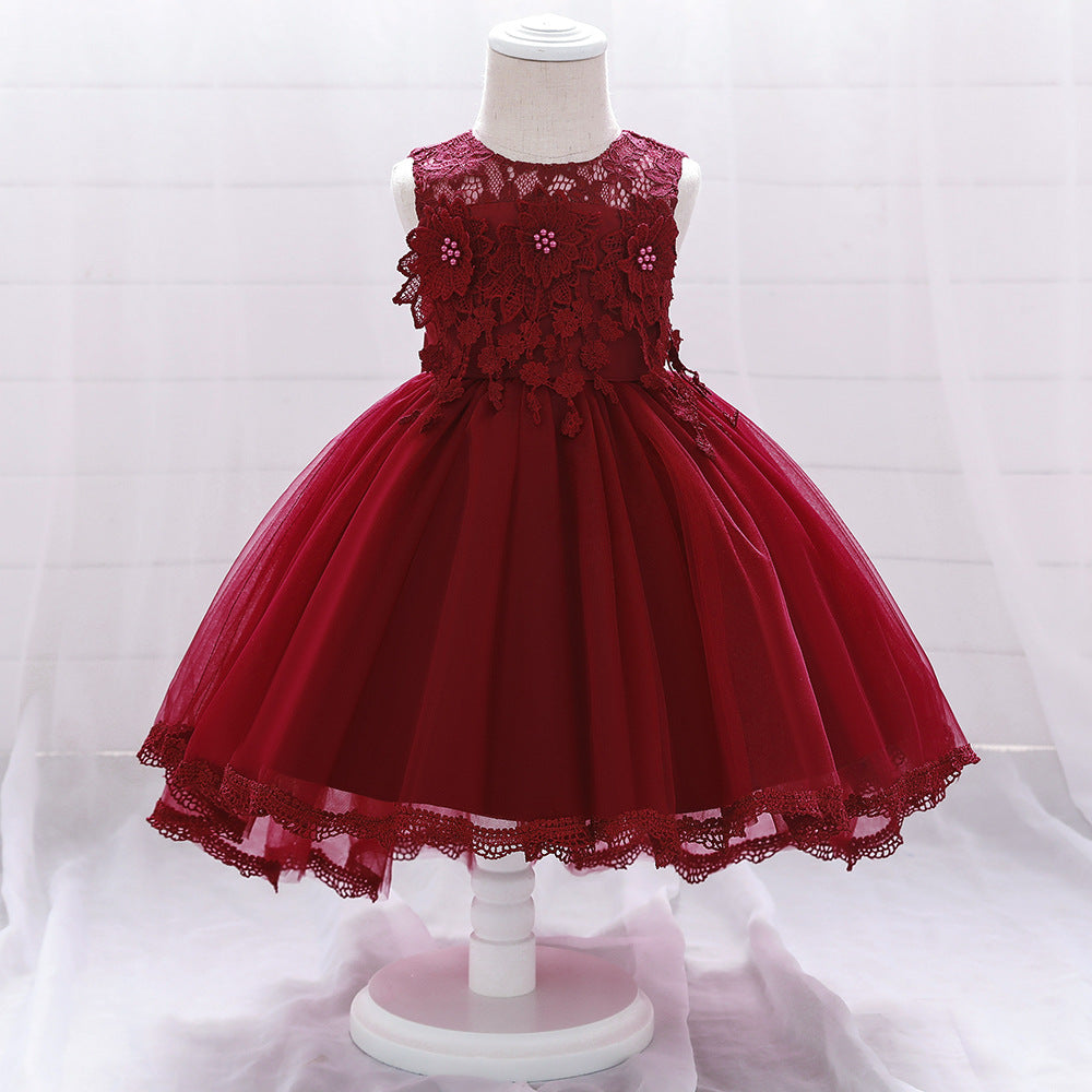 Flower girl dress lace flower pearl one-year-old dress