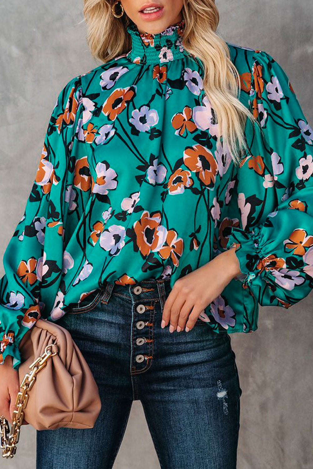 Floral Print Smocked Neck Blouse