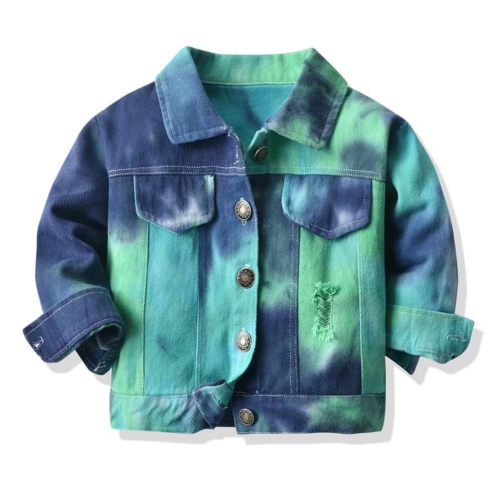 Colorful tie-dye ripped denim jacket