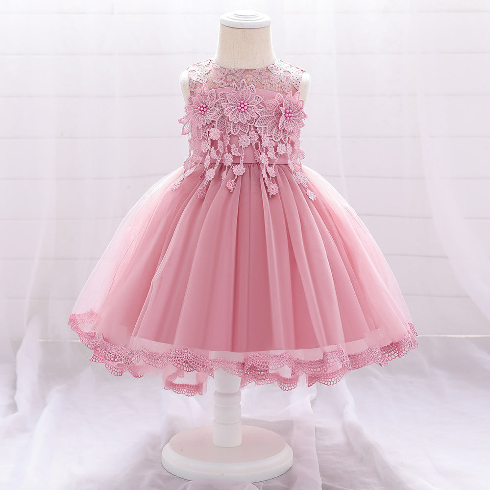 Flower girl dress lace flower pearl one-year-old dress