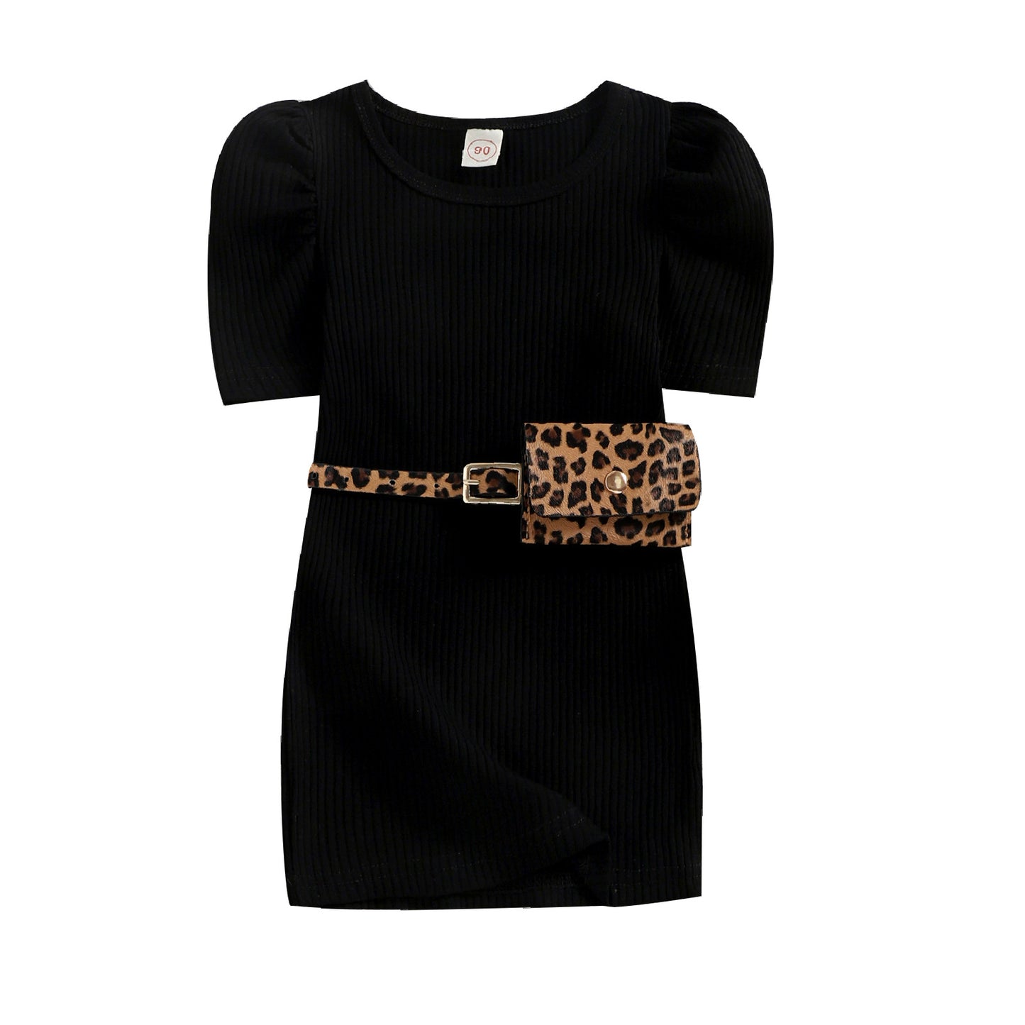 Girls' Cotton Puff Sleeve Dress with Leopard Print Waist Bag