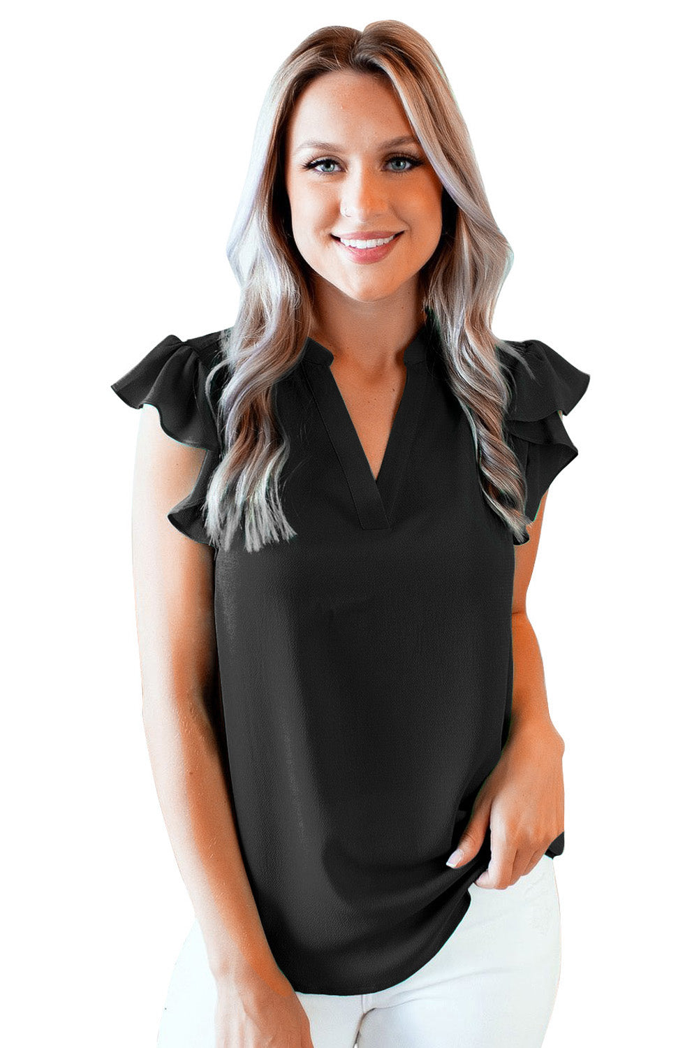 Black Ruffled Sleeveless V Neck Top