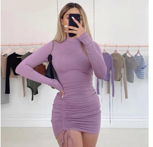 Solid color dress with high collar and long sleeves