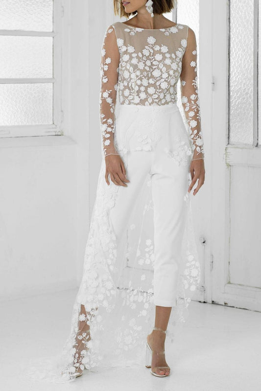 White Lace Long Tail Wedding Jumpsuit