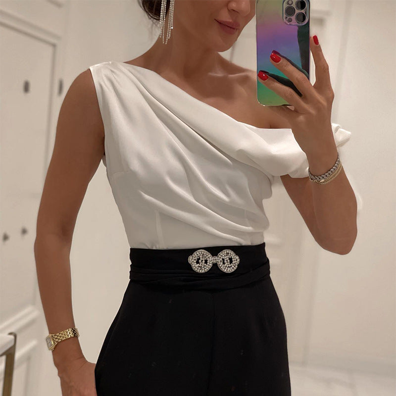 Lace-up sleeveless off-the-shoulder solid color satin tops