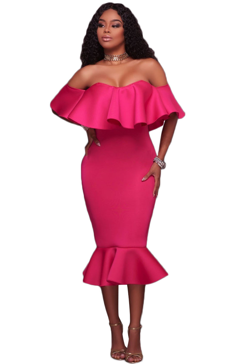 Rosy Ruffle Off Shoulder Mermaid Midi