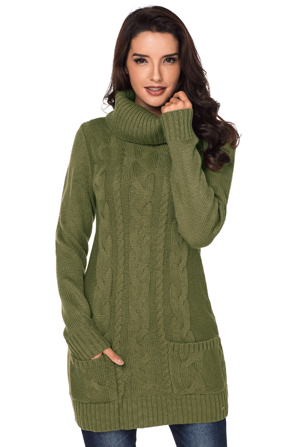 Olive Cowl Neck Cable Knit Sweater Dress