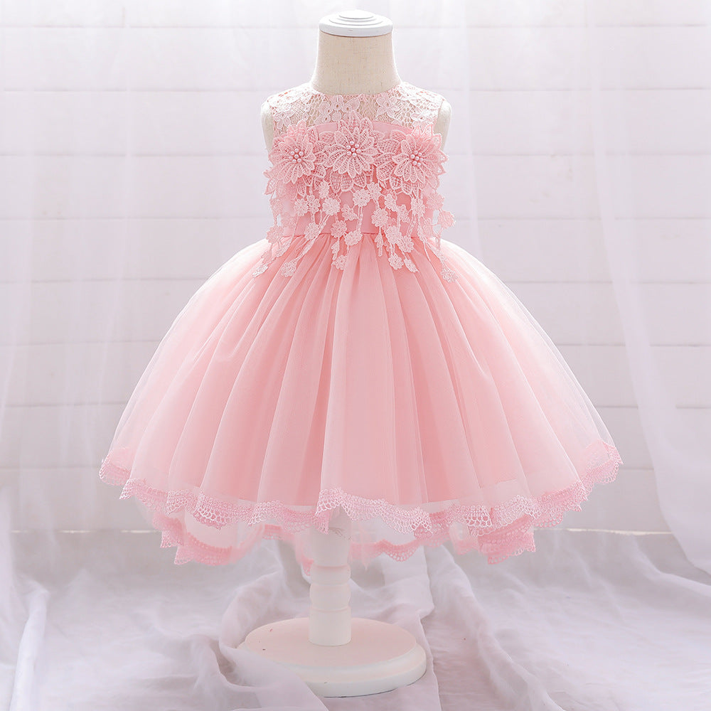 Flower girl dress lace flower pearl one-year-old dress