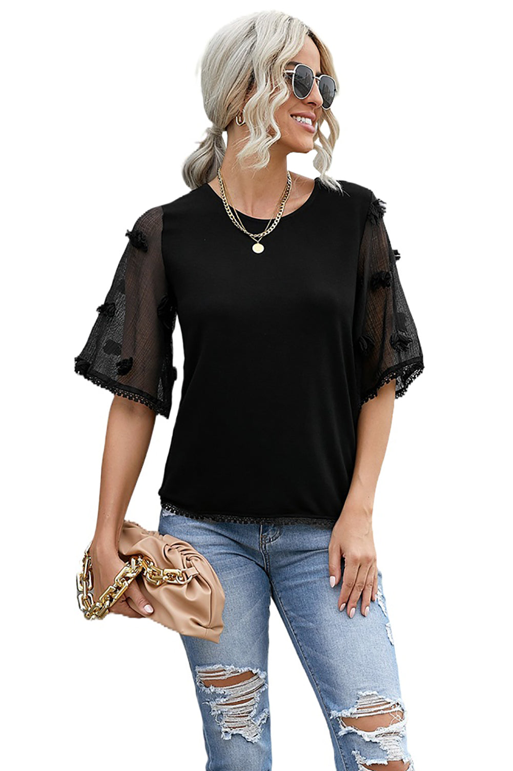 Black Crew Neck Kimono Sleeve Knit Top