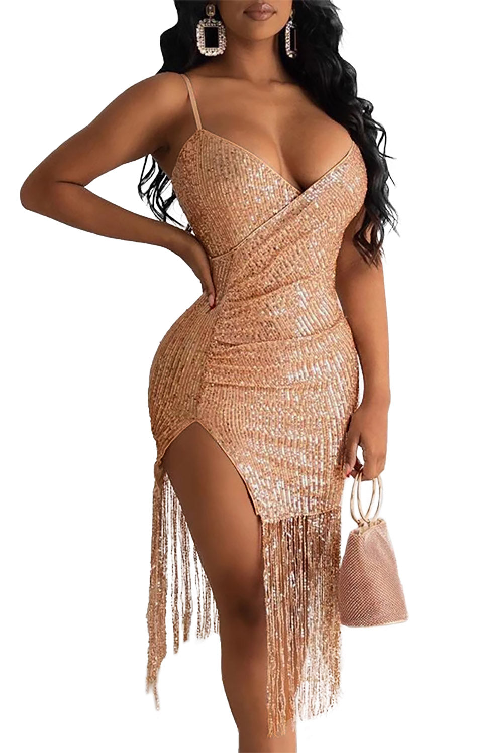 Rose Gold Sequins Fringe Dress