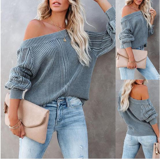 Loose V-neck Lantern Sleeve Sweater