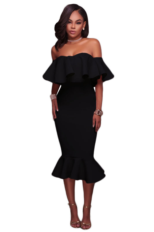 Black Ruffle Off Shoulder Mermaid Midi