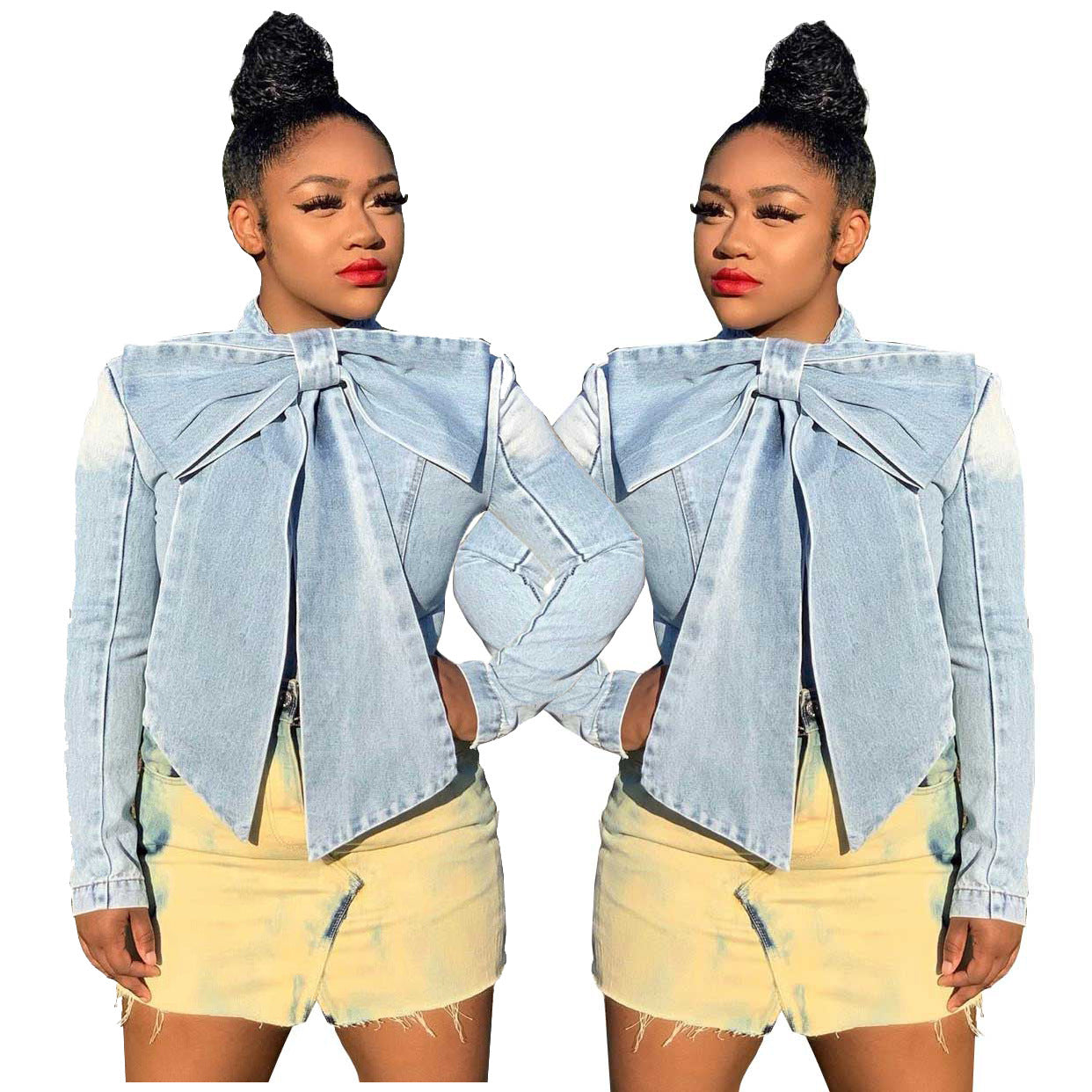 Solid color bowknot decor long-sleeved denim jacket