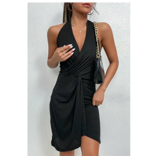 Hazel Asymmetrical Ribbed Ruched Halter Neck Dress