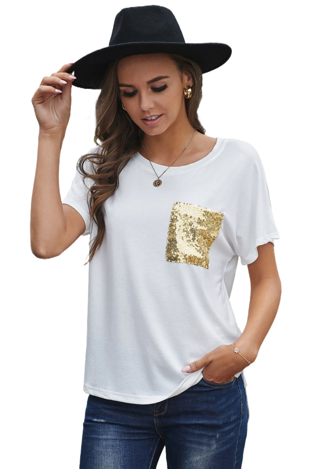 Sequin Pocket White Short Sleeve T-shirt
