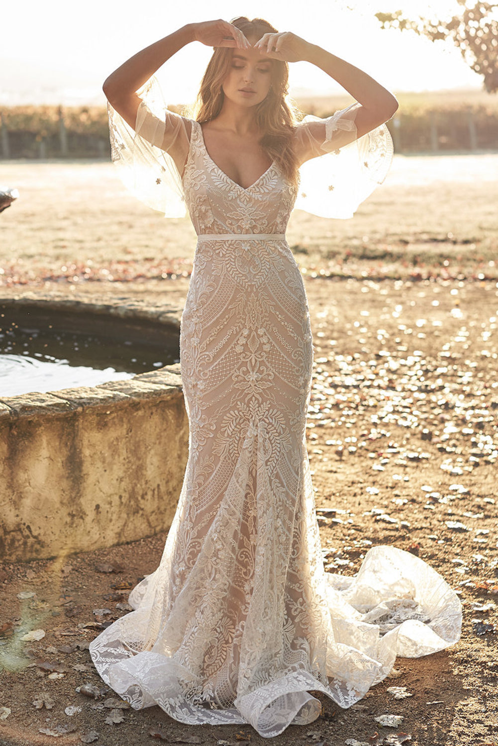 Sexy V Neck Botanical Lace Wedding Party Dress