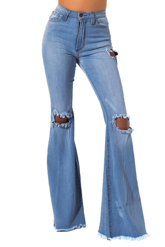 Sky Blue High Waisted Distressed Flare Jeans