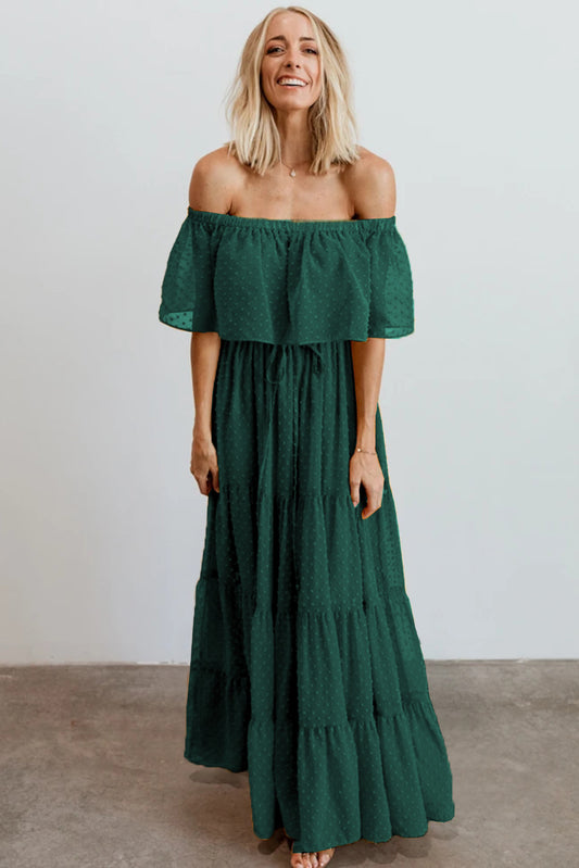 Green Off Shoulder Ruffle Swiss Dot Maxi Dress