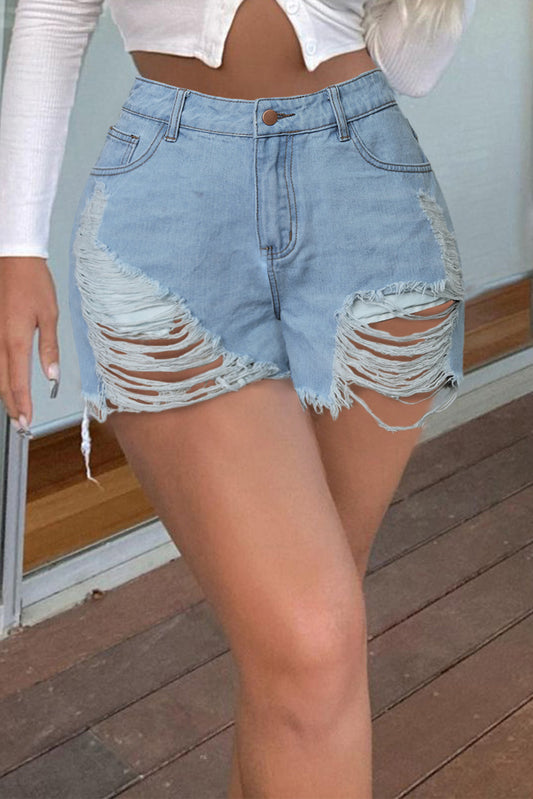 Sky Blue High Waist Hole Denim Shorts