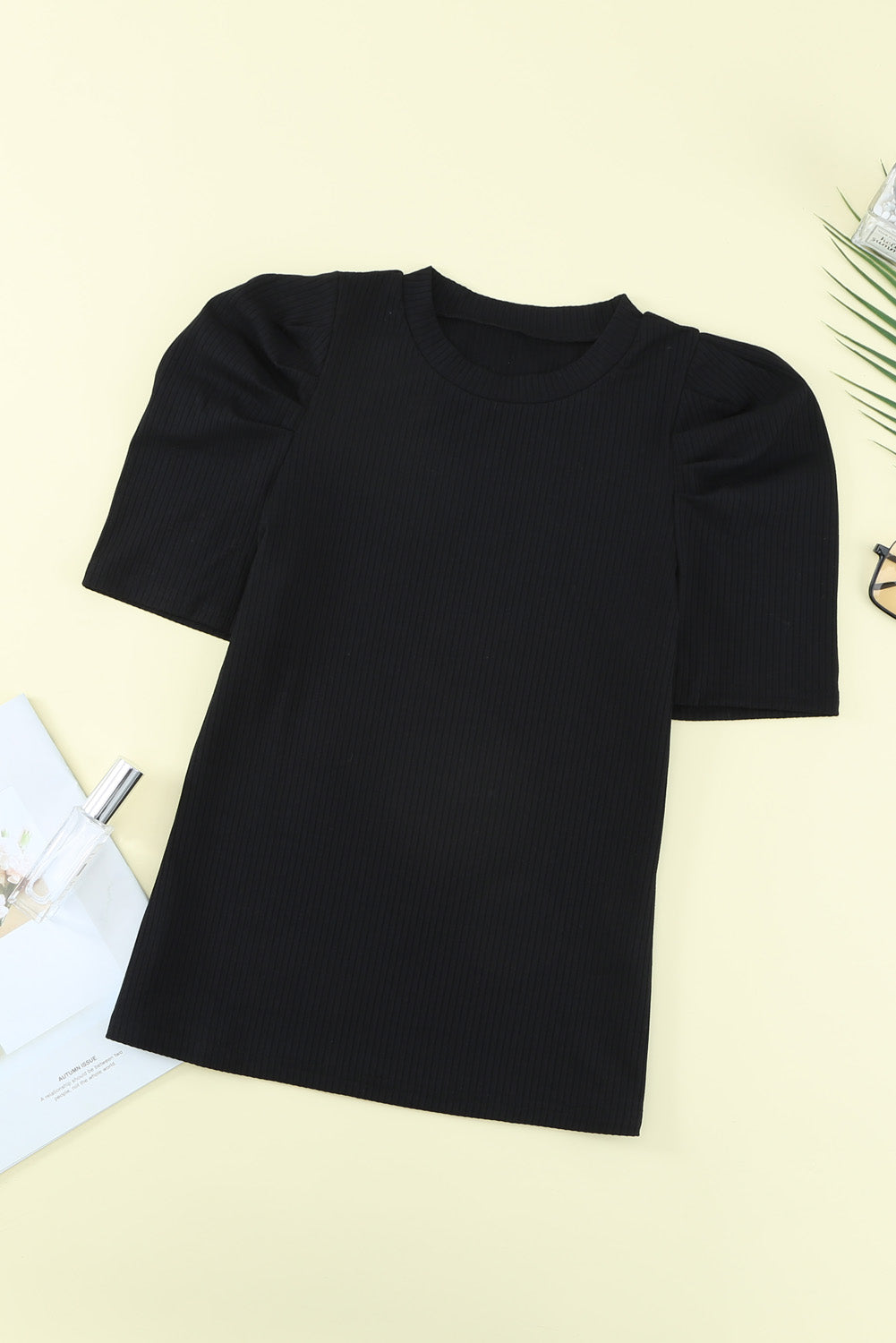 Black Puff Sleeve O Neck Skinny Fit Ribbed Top