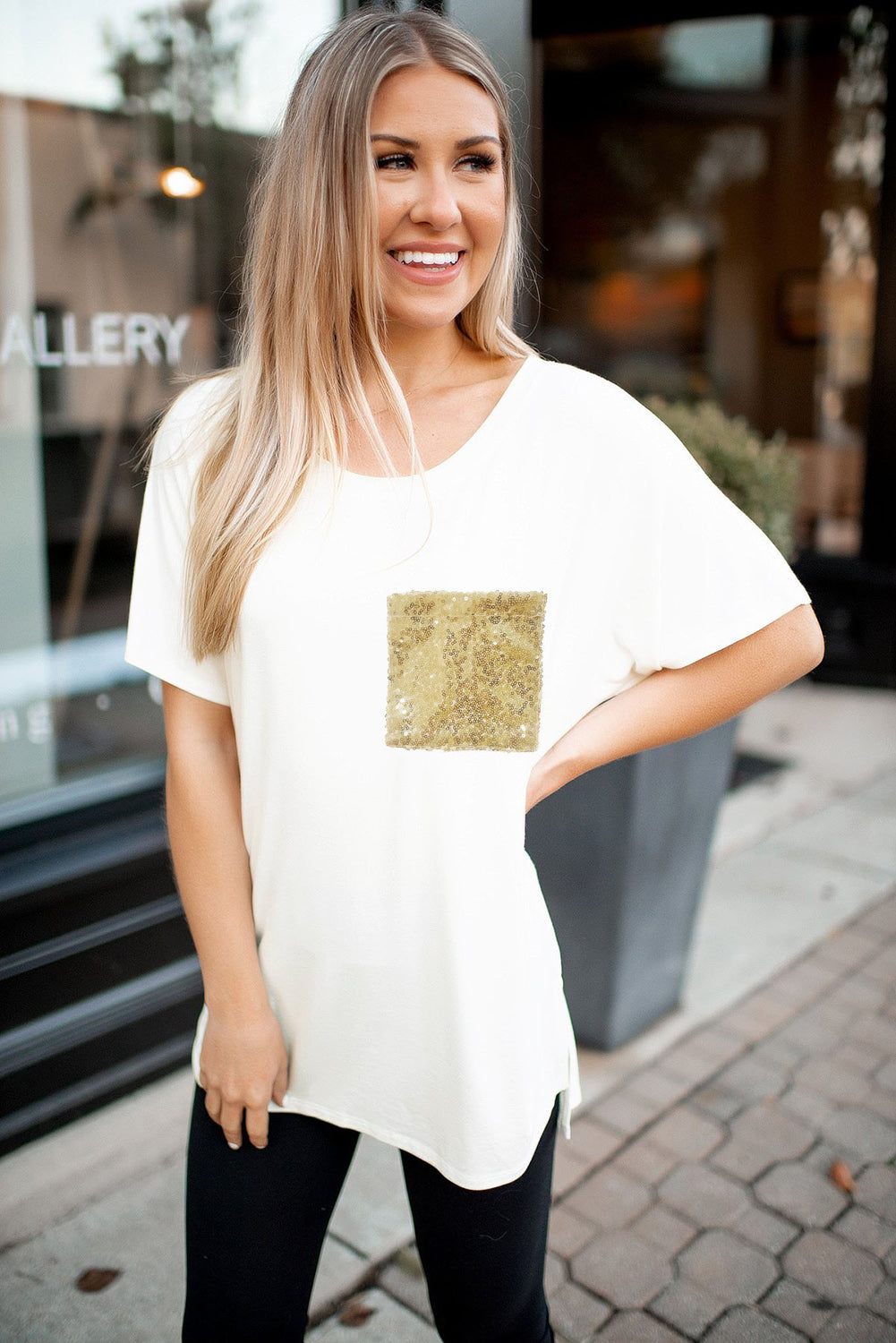 Sequin Pocket White Short Sleeve T-shirt