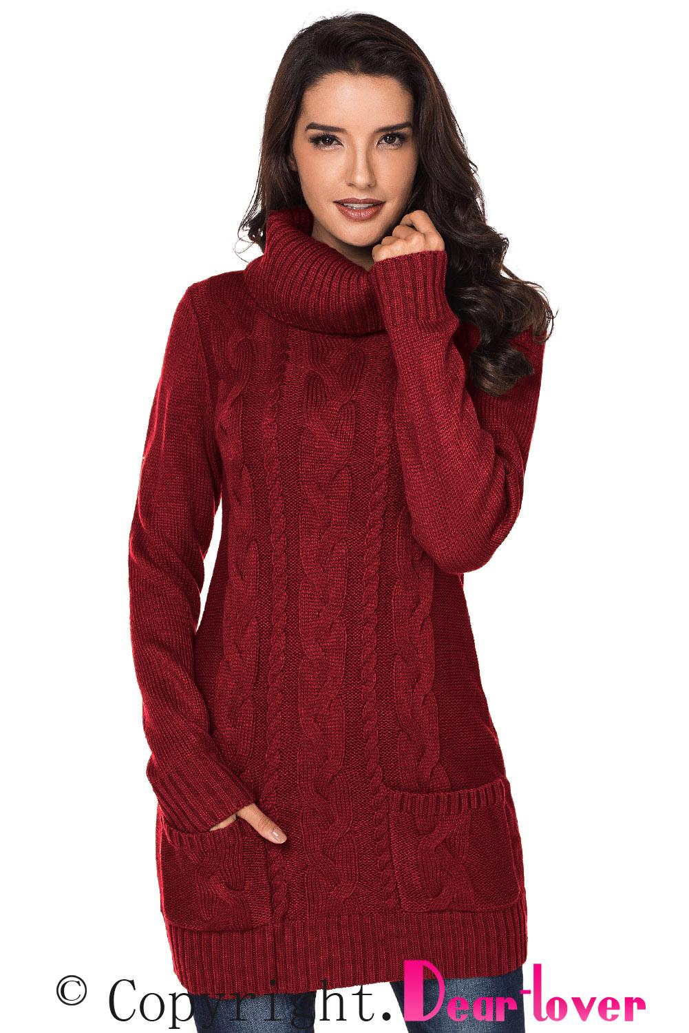 Red Cowl Neck Cable Knit Sweater Dress