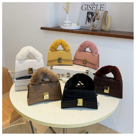 Croc Print Handbag with Faux Fur Handle