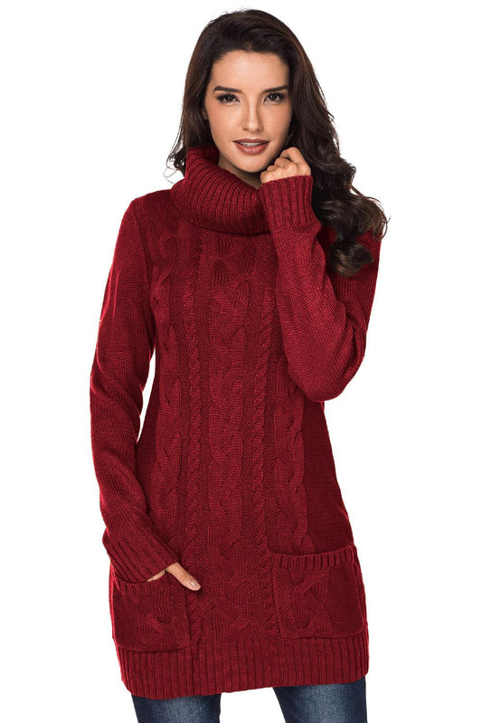 Red Cowl Neck Cable Knit Sweater Dress