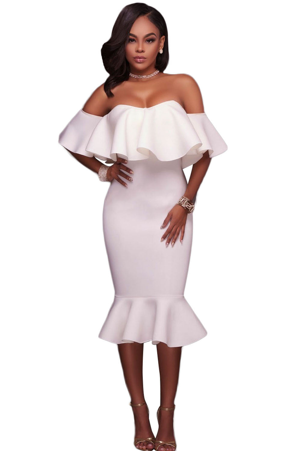 White Ruffle Off Shoulder Mermaid Midi Prom Dress