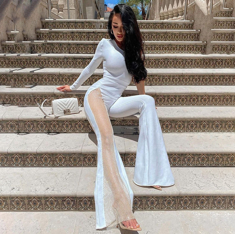 One Shoulder Jumpsuit With Mesh Leg Insert