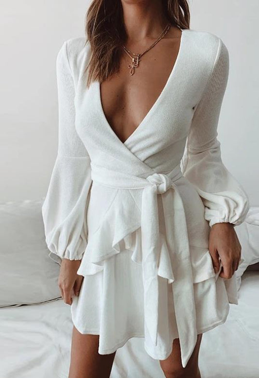 Long Sleeve Ruffled Mini Wrap Dress