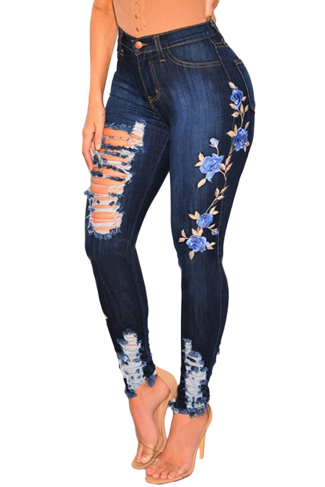 Dark Denim Embroidered Destroyed High Waist Skinny Jeans