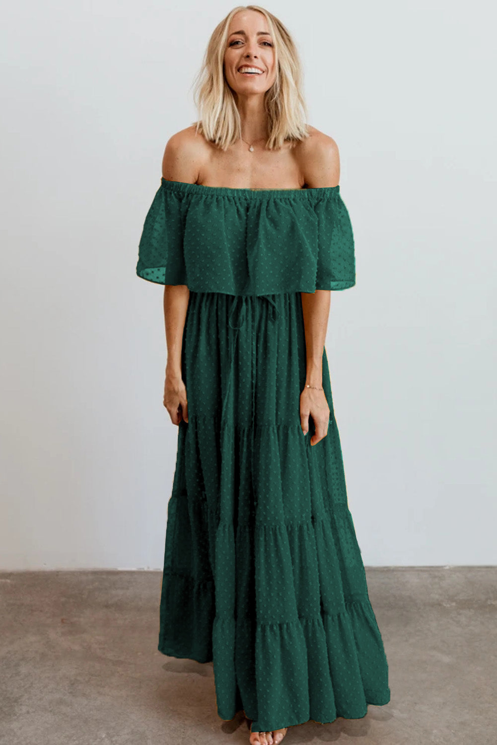 Green Off Shoulder Ruffle Swiss Dot Maxi Dress