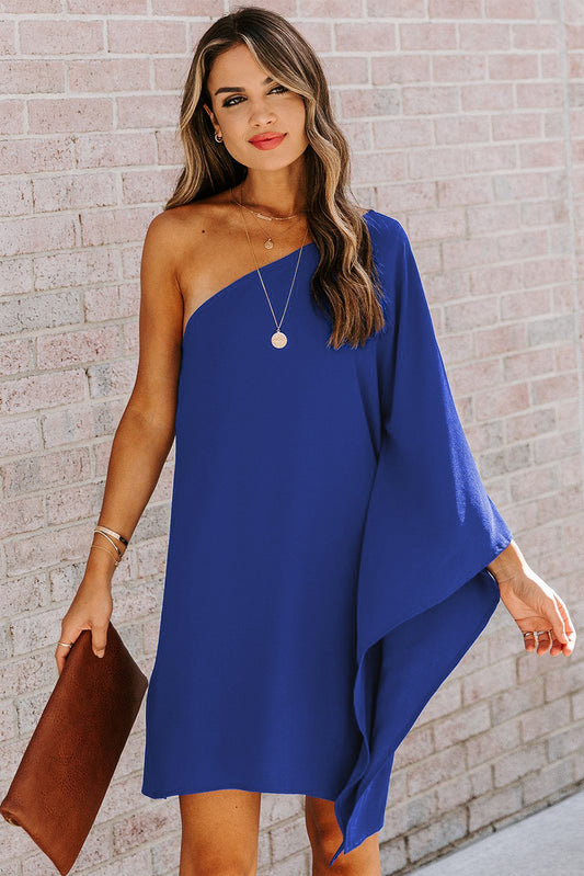 Blue Side To Side One Shoulder Statement Mini Dress