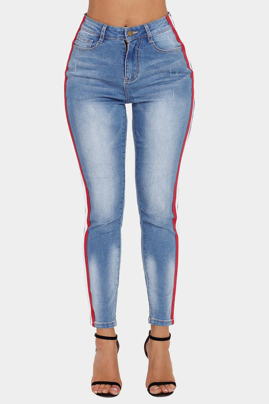 Striped Slim-fit High Waist Jeans