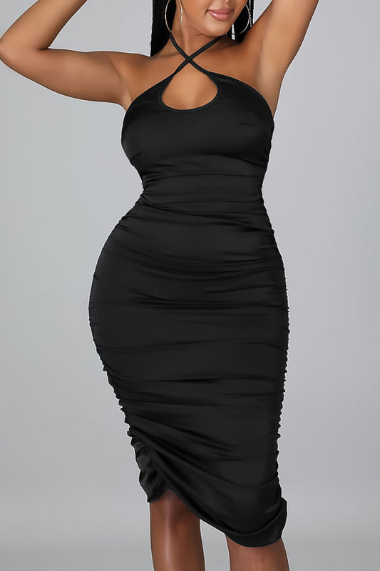 Black Halter Neck Ruched Bodycon Midi Dress