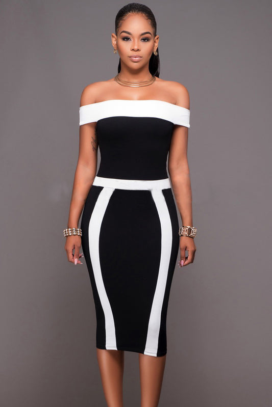 Black White Patchwork Bandeau Boat Neck Midi Dress